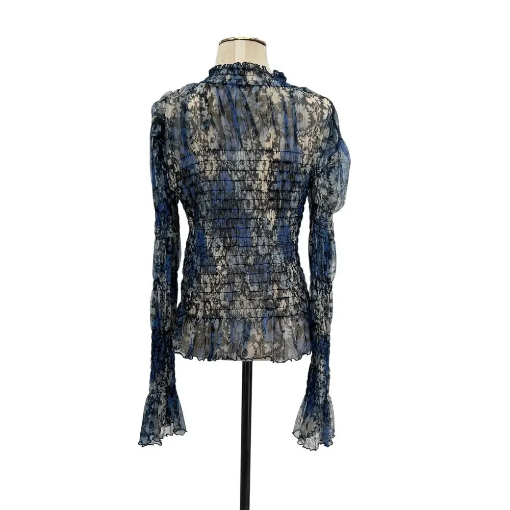 Free People Hello There Top‎ Blouse Smocked Flare Sleeve Mesh Floral Blue Large